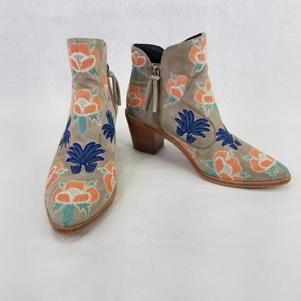 Rebecca Minkoff Lulu Too Boot 9.5 Grey Suede Embroidered Ankle Zip Boho Cowgirl